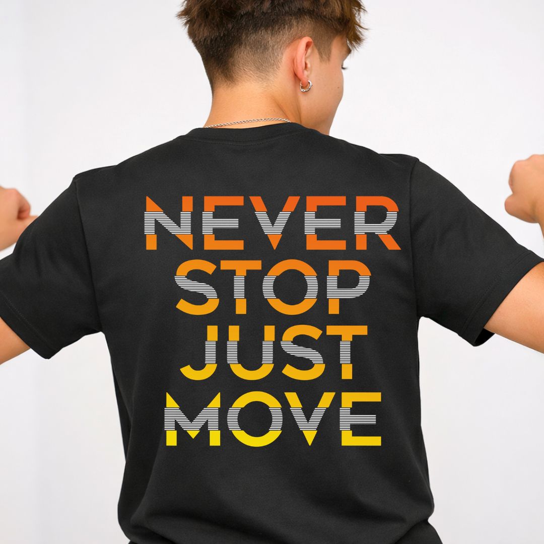 Never Stop Just Move Streetwear Tee with figure in motion on model