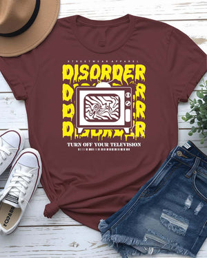 Disorder Streetwear T-Shirt with scattering geometric forms on model