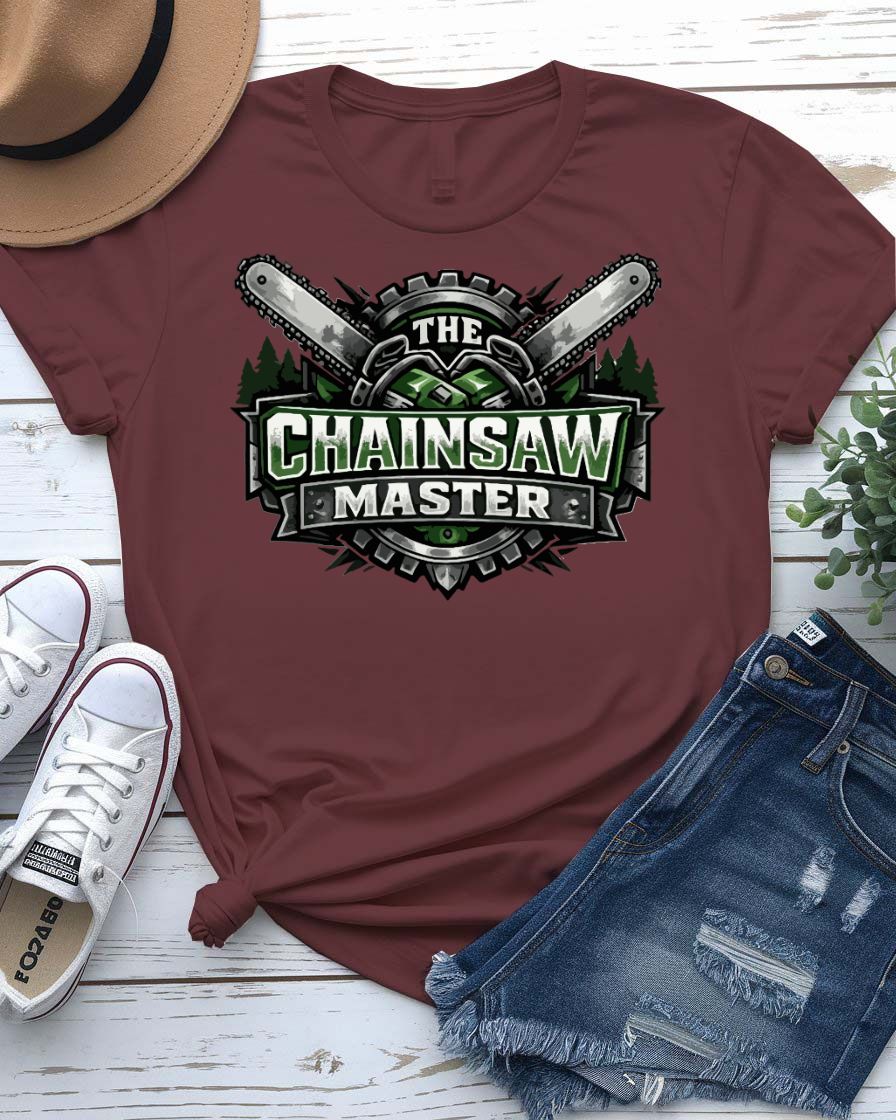 The chainsaw master design tee chainsaw in action wood chips flying