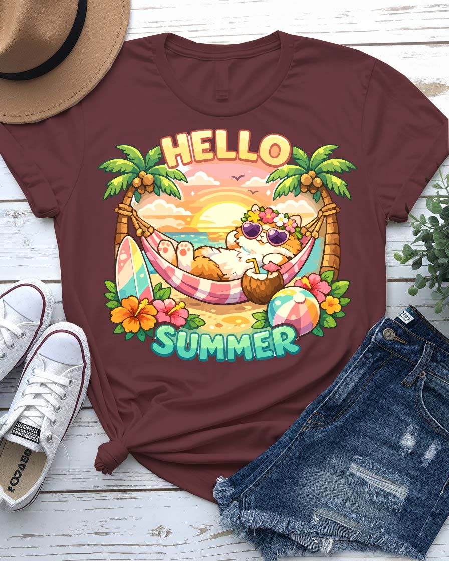 Hello cat summer tee waving kitty with sunshine graphic