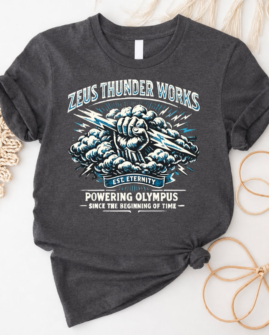Zeus Thunder Works T-Shirt – Vintage Lightning Bolt Olympus Design