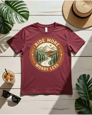 Ride more worry less tee motorcycle sunset highway graphic