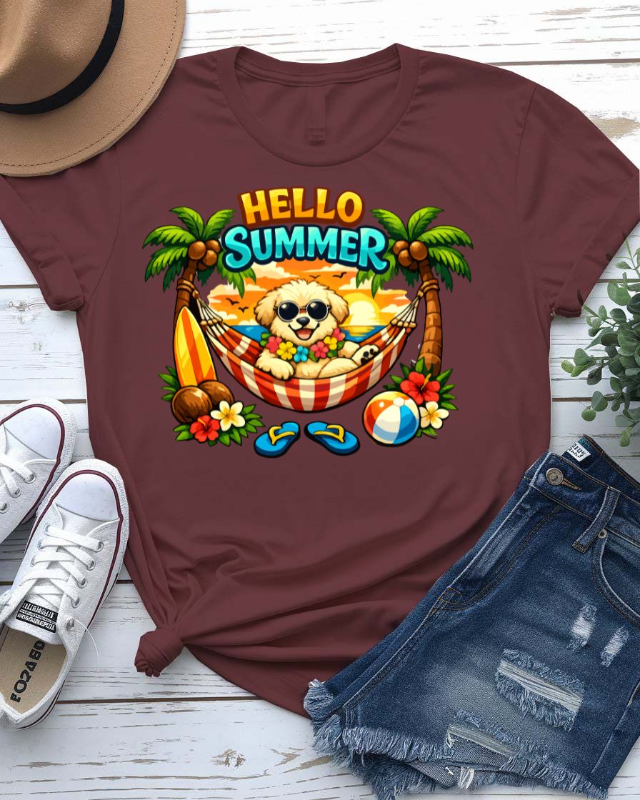 Hello summer vibes tee smiling sun graphic