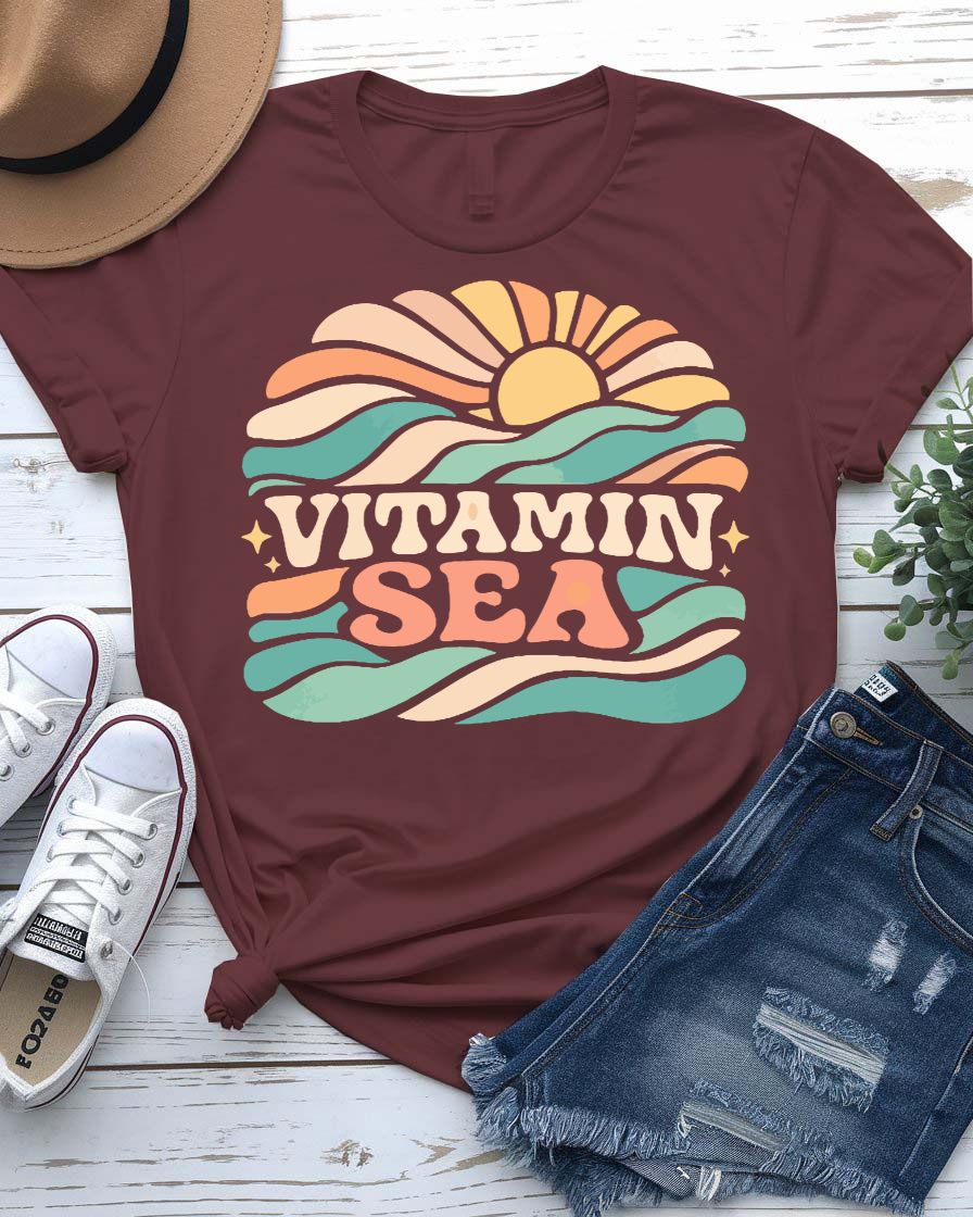 Vitamin sea design tee pill bottle labeled sea with wave