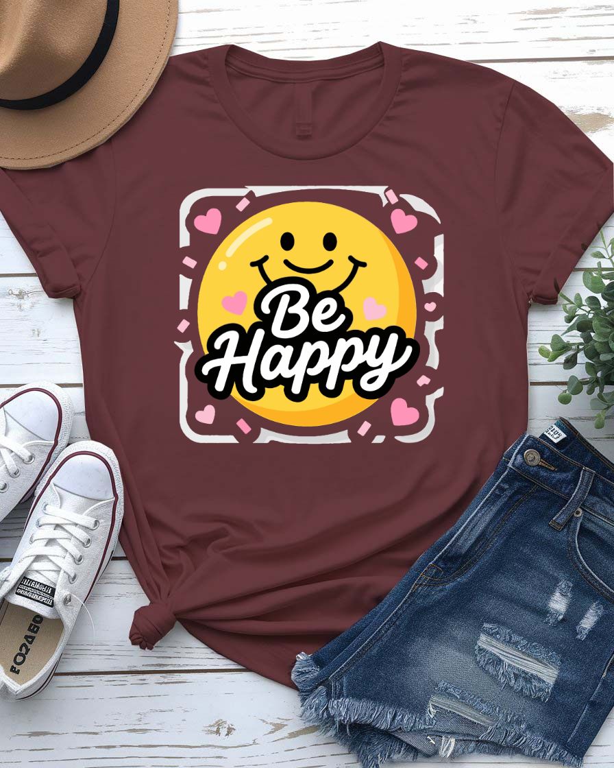 Be happy design tee smiling sun with cheerful lettering