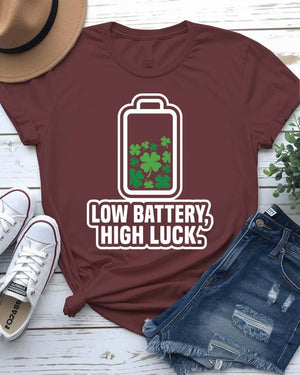 Low Battery High Luck St. Patrick's Day Tee with 2% shamrock phone on model