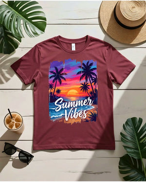 Sunset summer vibes tee orange pink sky with palm trees