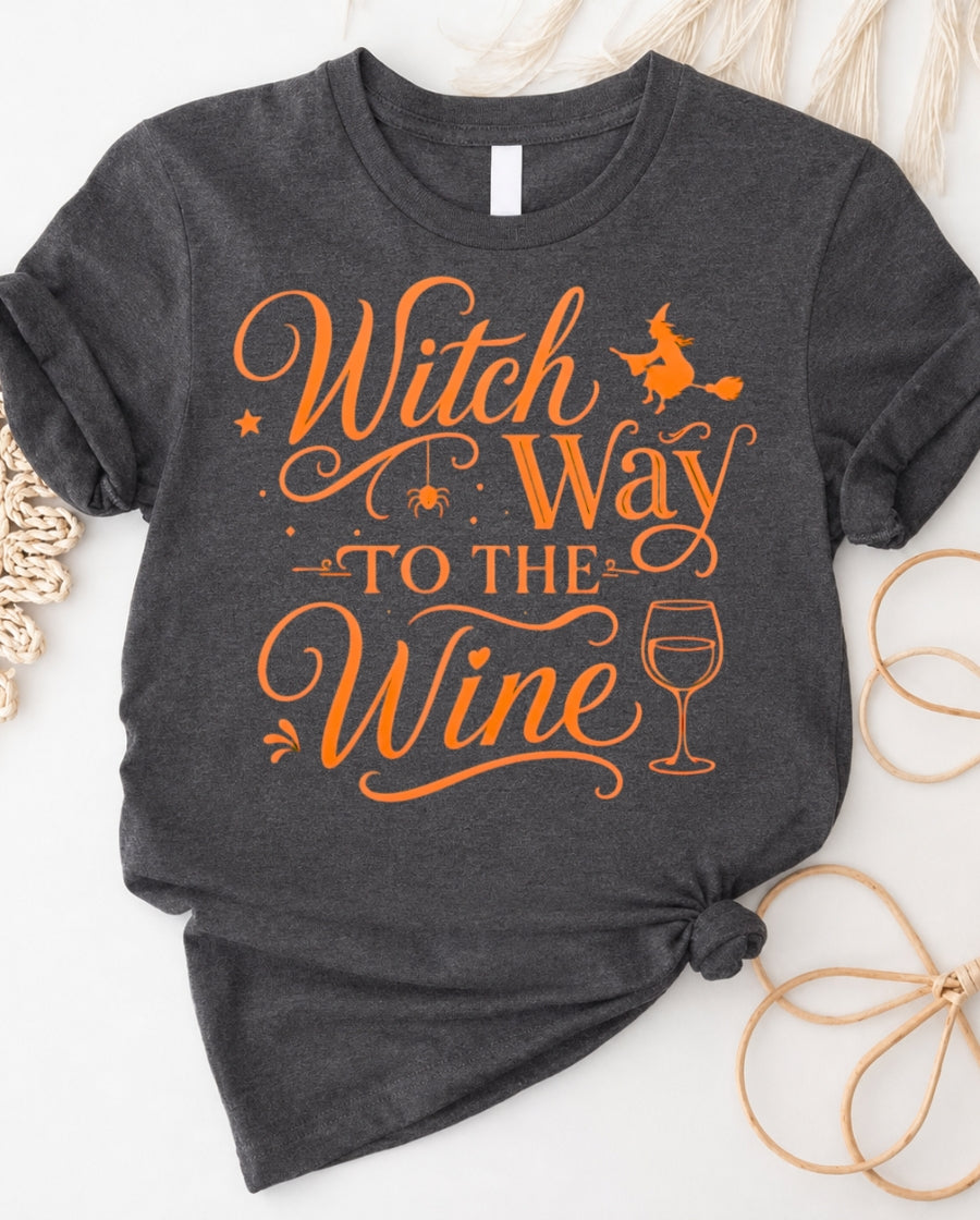 Witch Way to the Wine Tee — Halloween Witch Wine Graphic Shirt