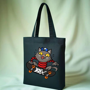 Skate Cat Graphic Cotton Canvas Tote Bag - Reusable Grocery Tote