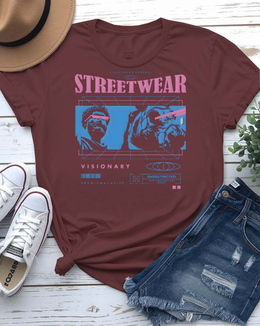 Visionary Urban Style Tee with abstract third eye geometric design on model