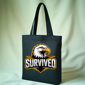 Minimalist 'Survived' text tote bag on natural canvas