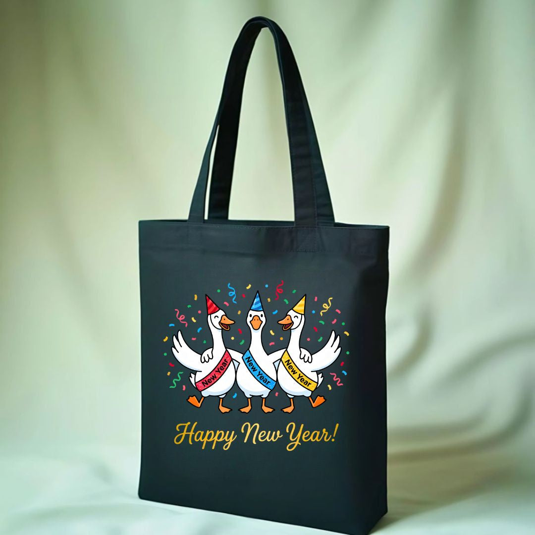 Funny Goose Meme "Happy New Year" Tote Bag for 2025