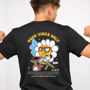 Good Vibes Streetwear Tee with radiating sun design on model