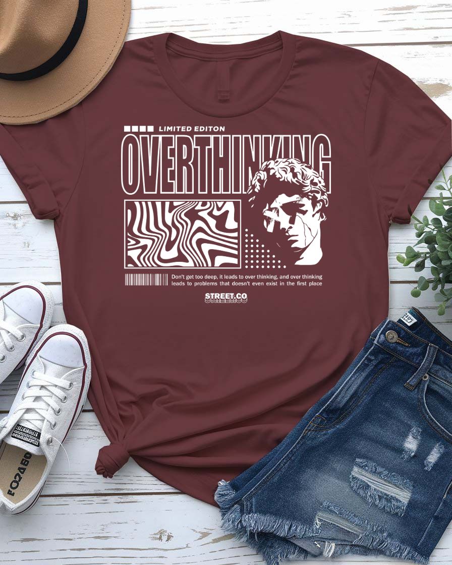 Overthinking Urban Style Tee with tangled brain spiral graphic on model