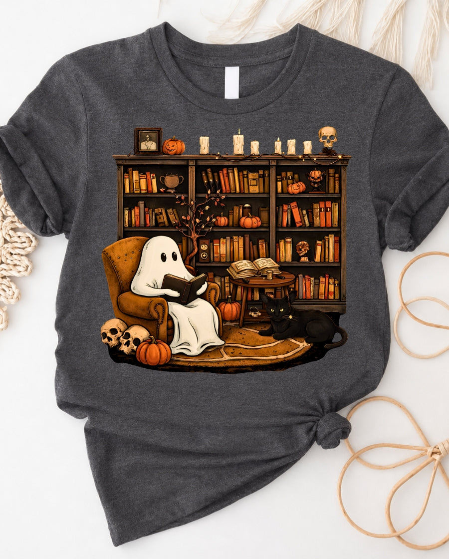 Ghost Reading Nook T‑Shirt — Cozy Halloween Booklover Tee