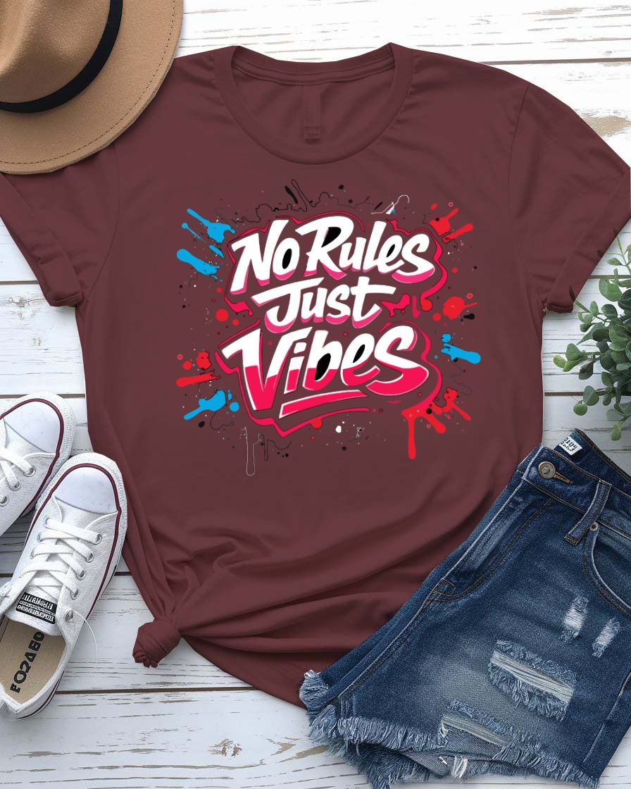 No rules just vibes design tee peace sign flowing lettering