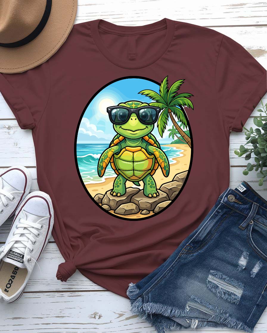Beach bum turtle tee with sunglasses drinking coconut