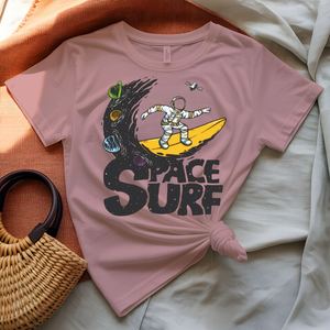 Space Surf Tee with astronaut surfing on a cosmic wave