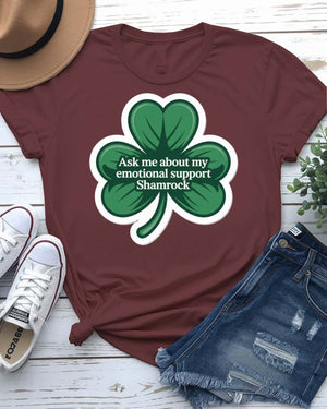 Ask Me About My Emotions St. Patrick's Day Tee with crying pint glass on model