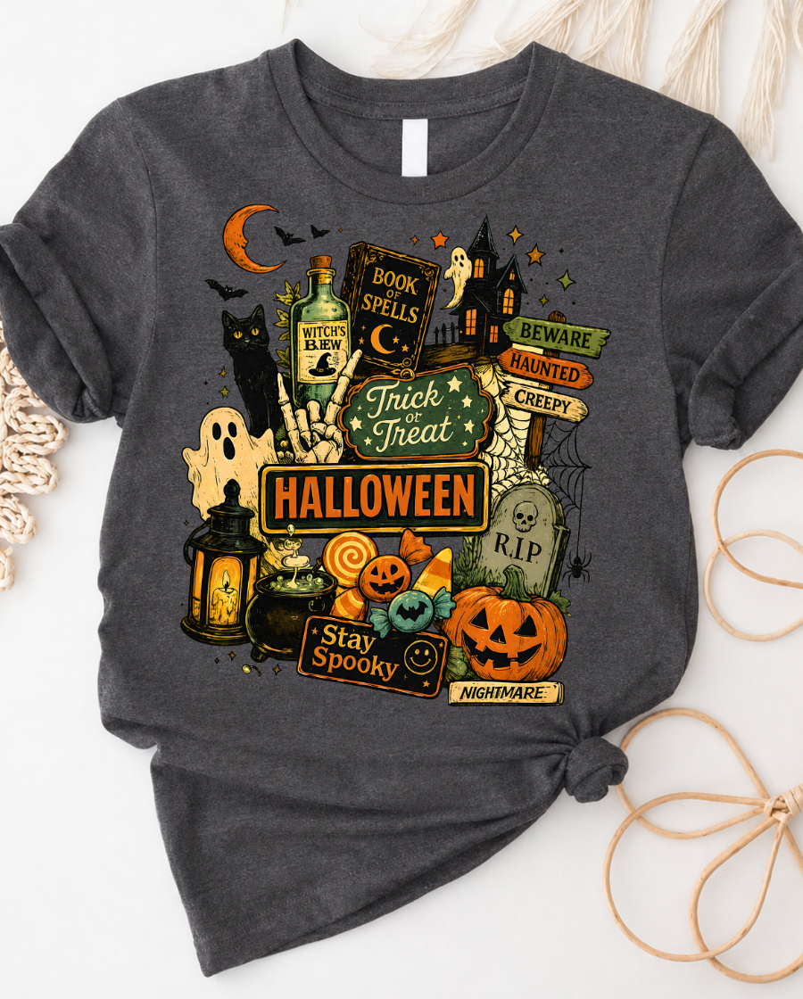 Halloween Collage Tee — Trick or Treat spooky pumpkin ghost design