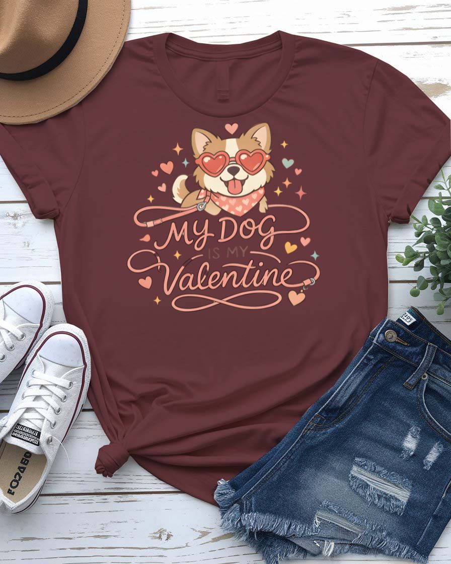My Dog Is My Valentine t-shirt with cute illustrated dog and heart