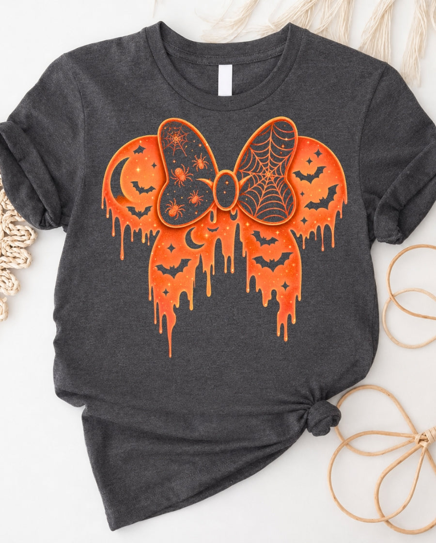 Halloween Drip Bow Tee — Orange Spooky Pumpkin Minnie Design