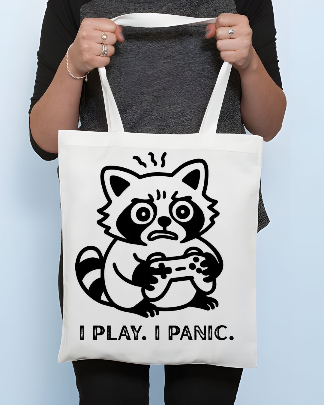 "I Play I Panic" Funny Gamer Animal Meme Tote Bag