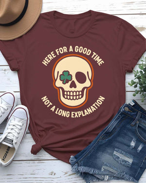 Here for a Good Time St. Patrick's Day Tee with shamrock pint glass on model