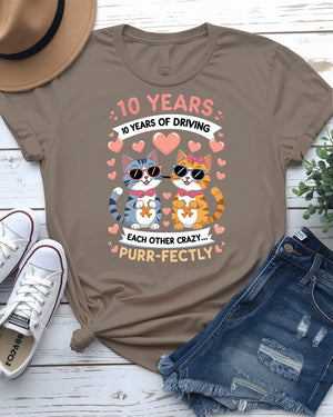 Ten Years Driving Each Other Funny Unisex Tee – Anniversary humor t-shirt for couples with sarcastic graphic text by Memez Store