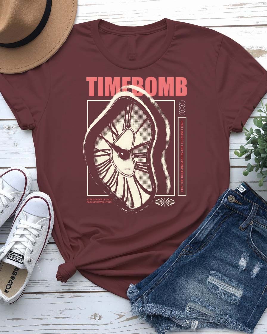 Time Bomb Streetwear Tee with cracking clock face on model
