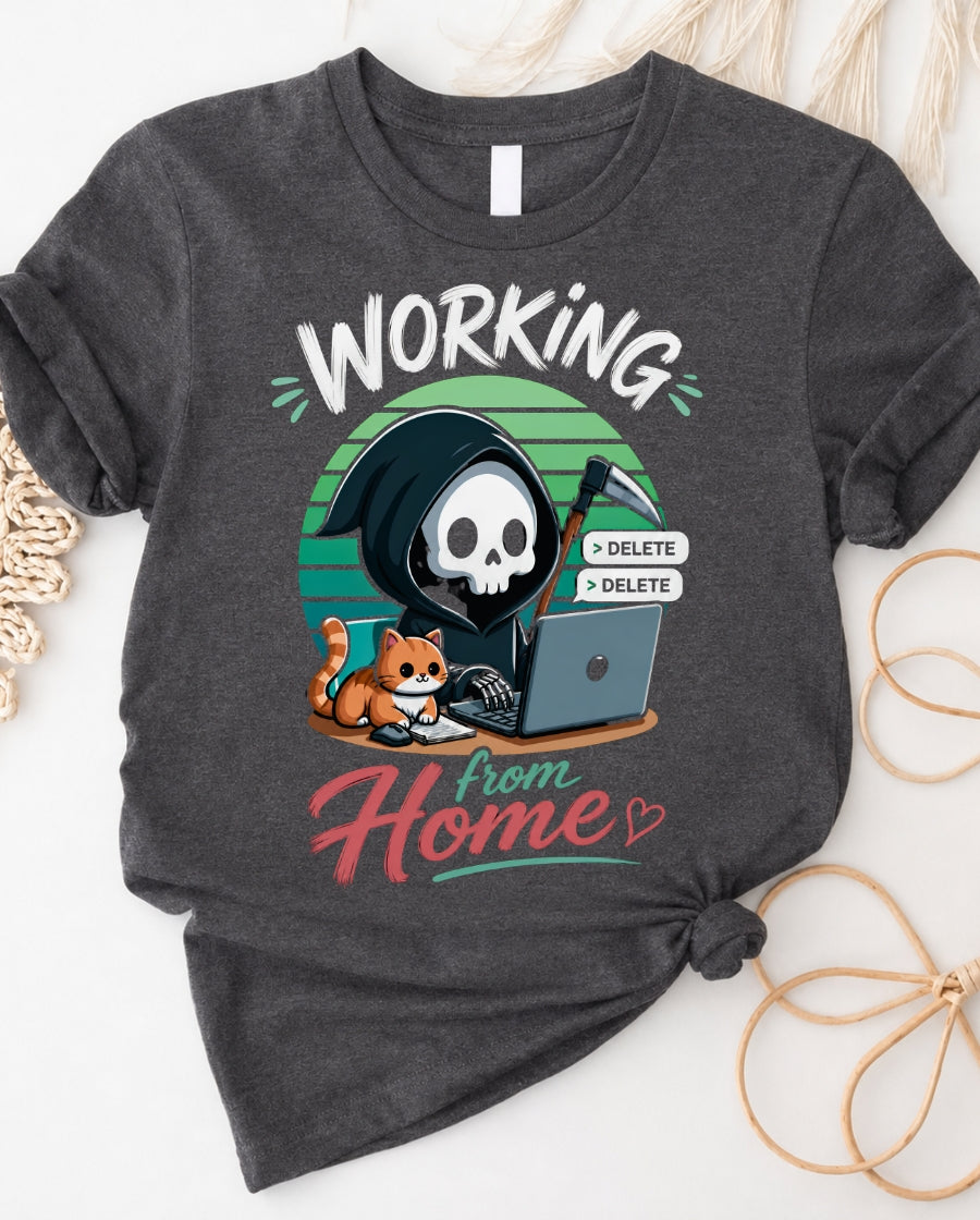 Working From Home Tee — Cute Grim Reaper & Cat Remote Work Shirt