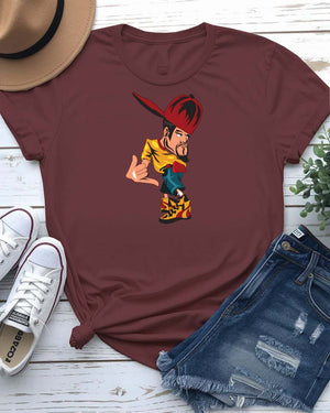 Hat Man Streetwear Tee with shadowy figure in wide-brim hat amid fog on model