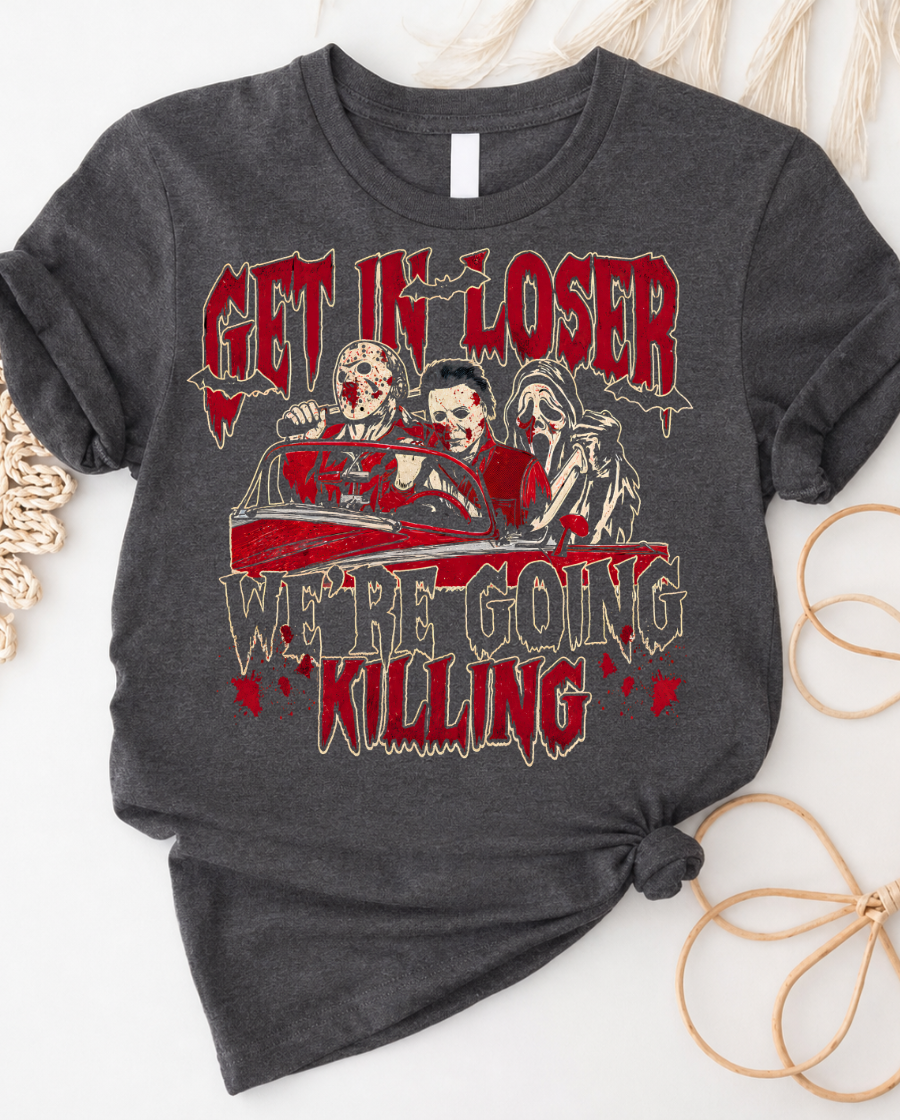 Horror Graphic Tee — “Get Us Closer We’re Going Killing” Retro Killer Design