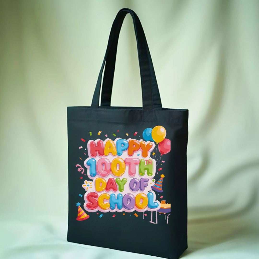 "Happy 100th Day of School" celebration tote bag on natural canvas