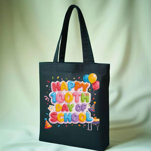 "Happy 100th Day of School" celebration tote bag on natural canvas