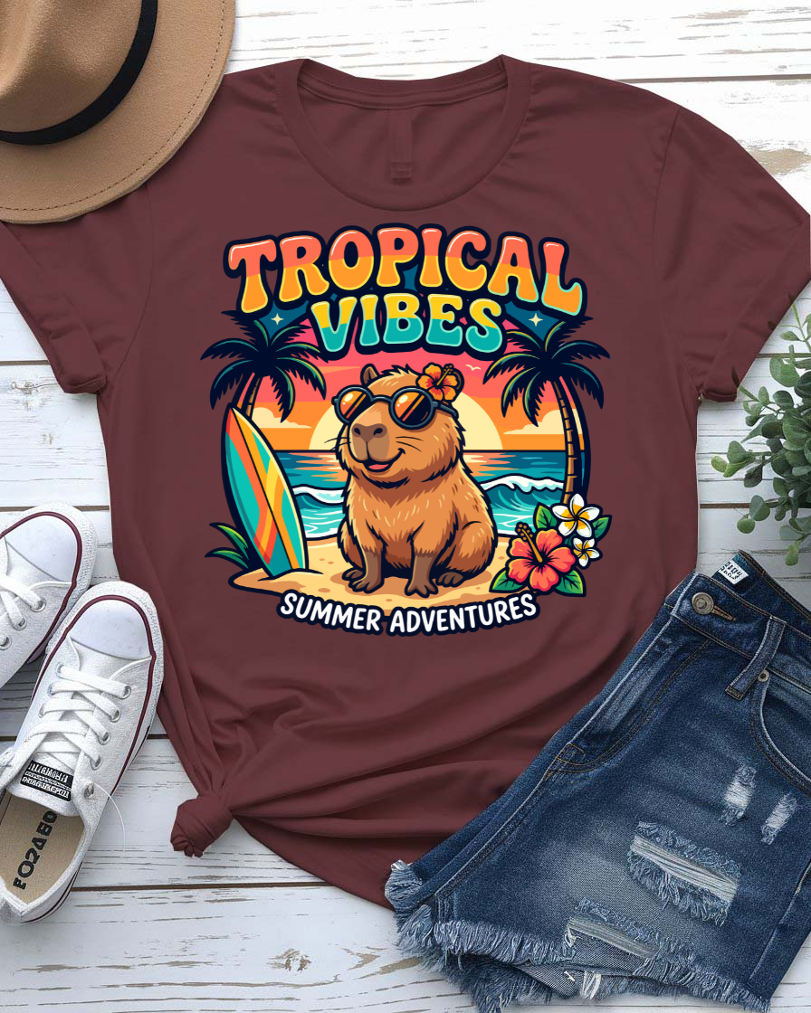 Tropical vibes summer tee monstera and palm leaves graphic