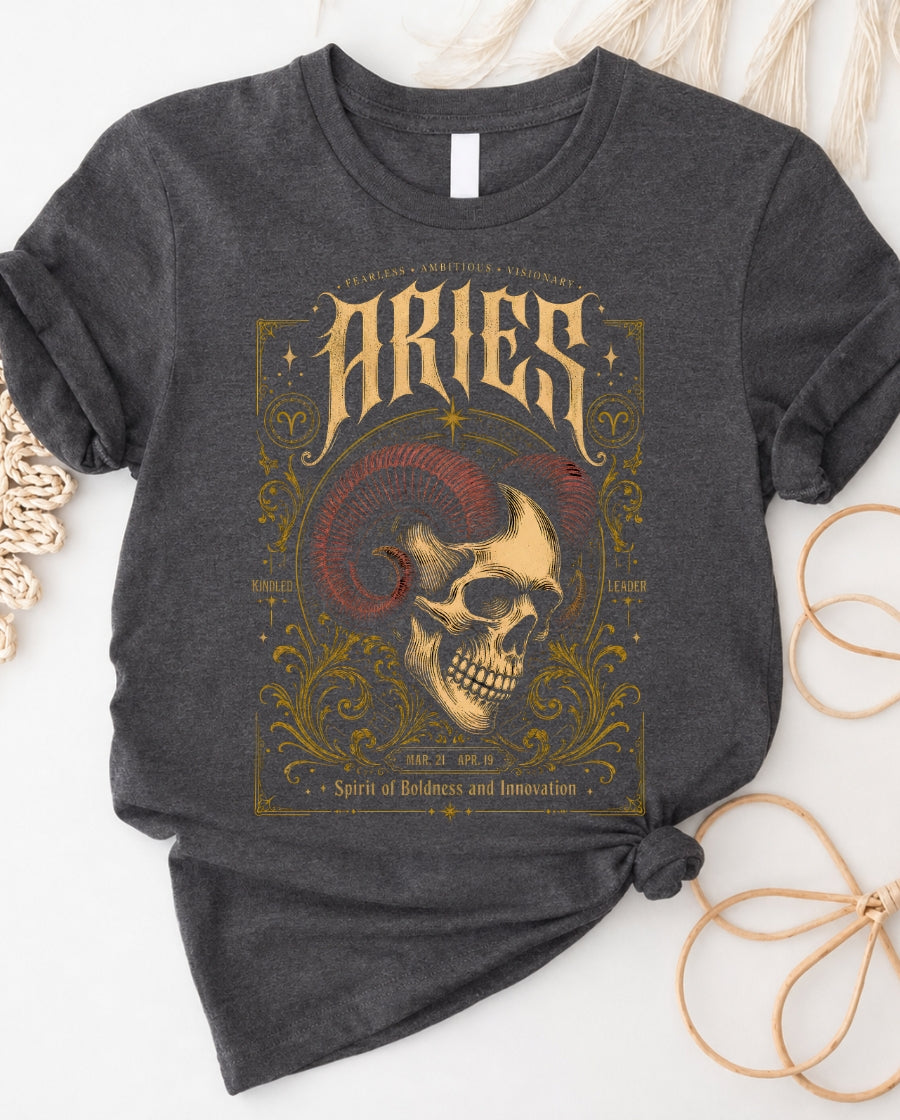 Aries Skull Tee — Gothic Zodiac Ram T-Shirt