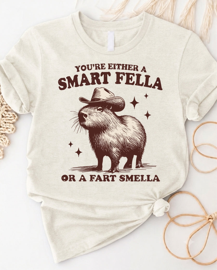 Smart Fella or Fart Smella Funny Cowboy Capybara T-Shirt