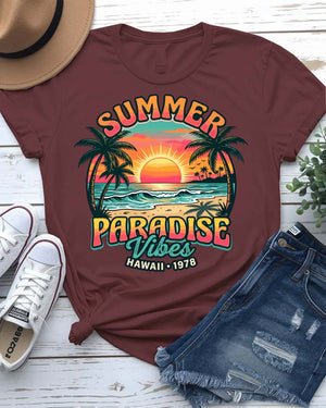 Summer paradise vibes tee turquoise sunset palm trees