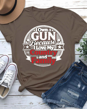 I own gun because I love my country and family tee American flag