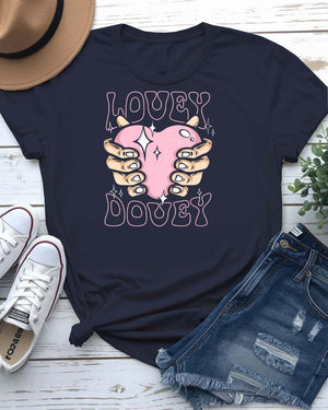 Lovely Dovey streetwear tee with minimalist heart graphic on couple