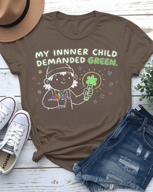 My Inner Child Demanded Green St. Patrick's Day Tee with jumping kid silhouette on model