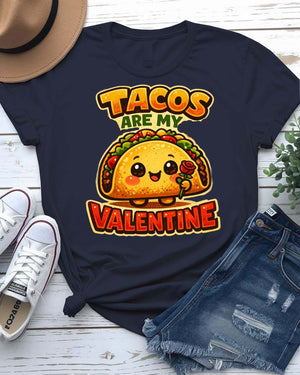 Tacos Valentine Tee with a smiling cartoon taco and punny love text