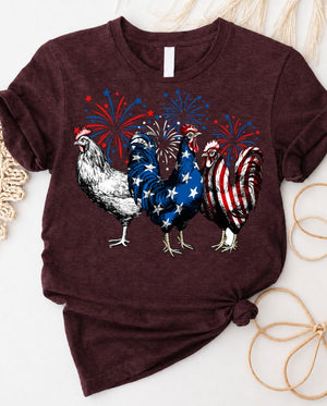 Red White and Blue Chicken 4th of July Tee with patriotic poultry design