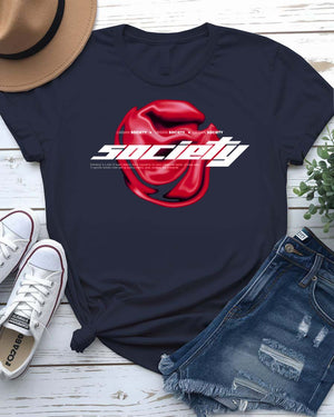 Society Streetwear Tee with lone figure walking away from crowd graphic on model
