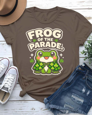 Frog of Parade St. Patrick's Day Tee with crowned frog on float on model