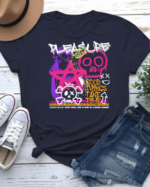 Pleasure Streetwear Tee with serpent coiled around ripe fruit on model