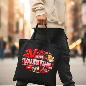 "V is For Valentine" typographic tote bag on natural canvas
