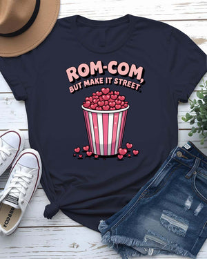 Rom-Com Valentine t-shirt with witty "In My Rom-Com Era" text and heart