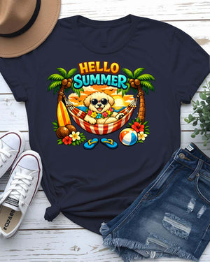 Hello summer vibes tee smiling sun graphic